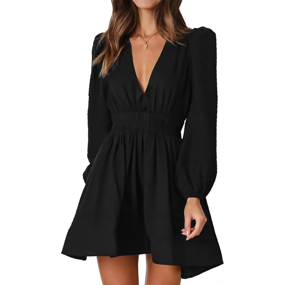 Mini Dress Women Polyester Deep V Long Sleeve A-line Casual Evening